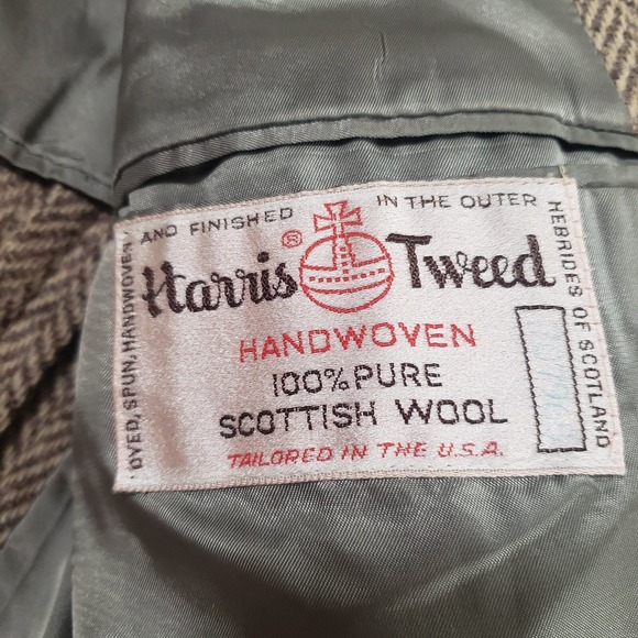 Vtg Harris Tweed Blazer Mens Brown Beige 44 Pure Scottish Wool Herringbone Tweed - Picture 8 of 16